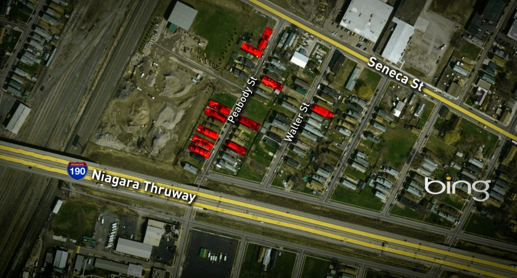 The homes in red means at least one complaint to the DEC. Battaglia's business is to the left. (Credit:WGRZ)