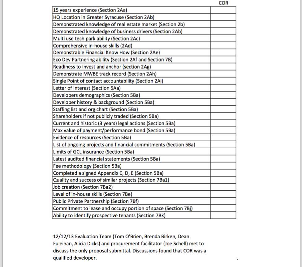 FSMC evaluation document for Syracuse region preferred developer contract.