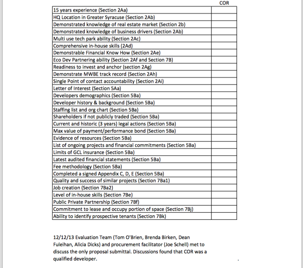 FSMC evaluation document for Syracuse region preferred developer contract. 