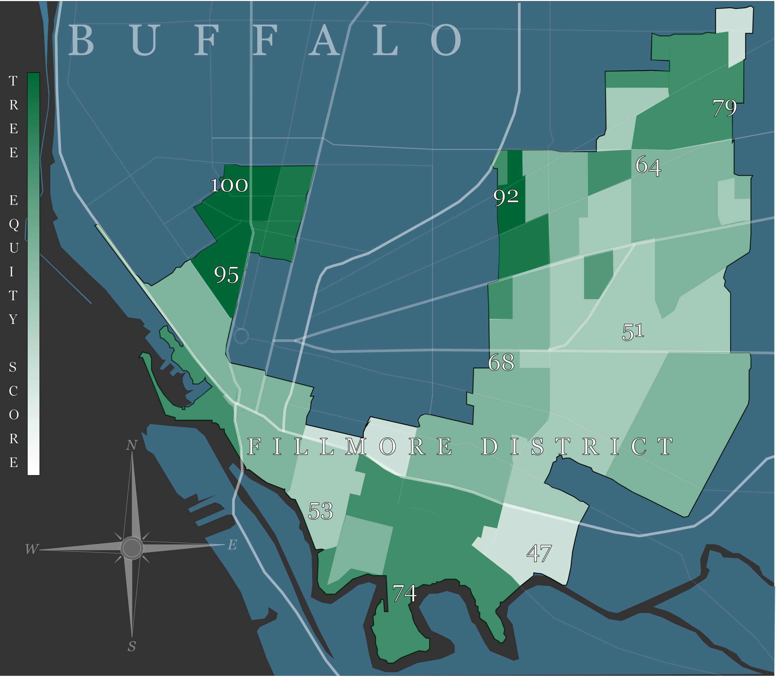 A map of Buffalo's Fillmore District, depicting the difference of tree-coverage between different neighborhoods. The greener the area, the higher the tree equity is in that location. 