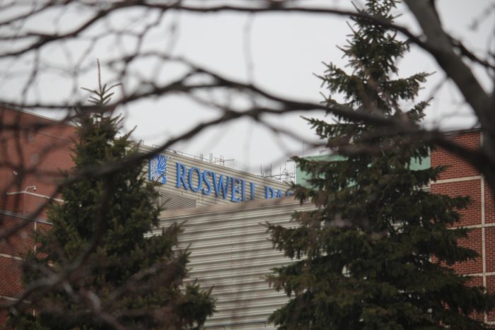 The Roswell Park building is in the distance. Two evergreen trees in the foreground flank each side of the Roswell sign.